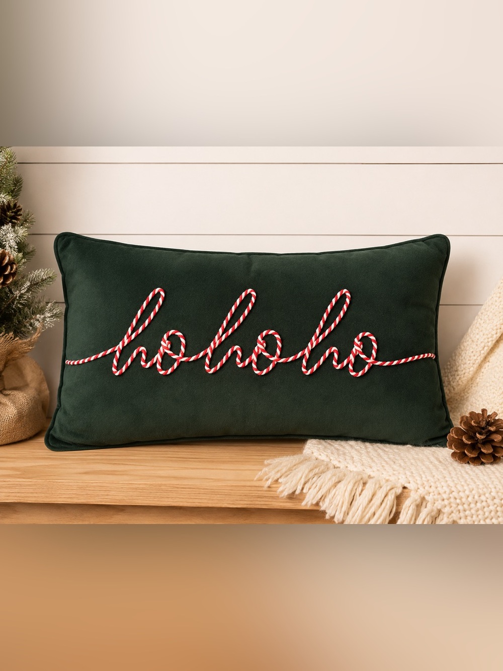Source Unknown Dark Green Holiday Pillow with Red and White Rope 'hohoho'